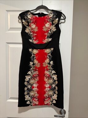 London Times Black Dress with Red Floral Center Panel